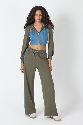 What's Up Whatsup Denim Detailed Hooded Crop Tracksuit Set - Blue-Green-Blue-Green - m