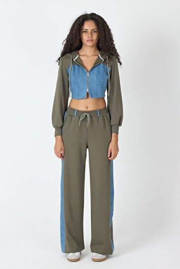 What's Up Whatsup Denim Detailed Hooded Crop Tracksuit Set - Blue-Green-Blue-Green - m