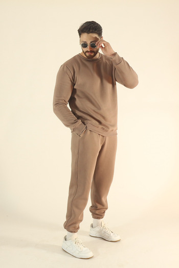 EydaMoon Men's Winter Fleece-Lined Soft Textured Crew Neck Tracksuit Set