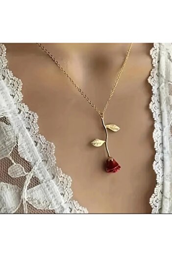 İMREN AKSESUAR Gold Plated Rose Necklace Earring Set Gift Set Gift for Lover Gift for Mother