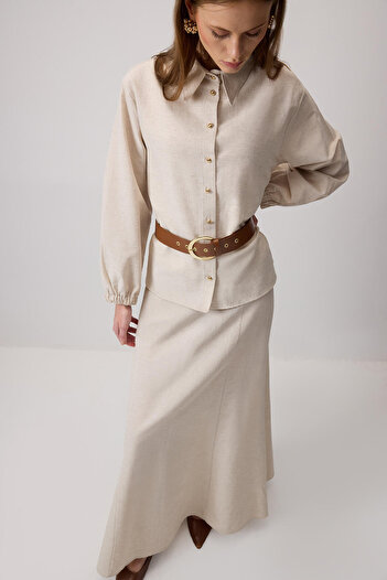 Touché Privé Textured Belted Shirt Skirt Set