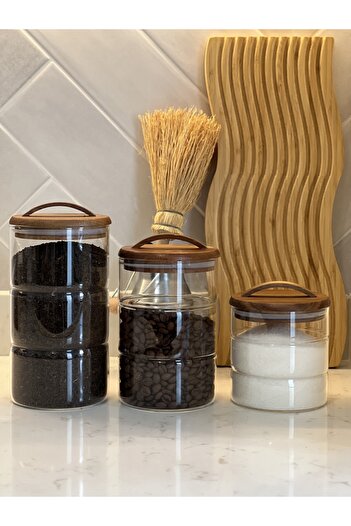 Sade Hediye 3-Piece Triple Knuckle Patterned Acacia Lid Spice Jar Set