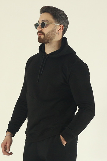 EydaMoon Men's Winter Fleece-Lined Soft Textured Single-Pocket Hooded Tracksuit Set - Black