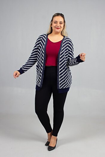 Truva XXL Timeless Style: Navy Blue Striped'Bearded' Knitwear Cardigan Models
