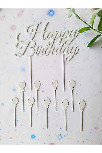 Atolye Doruk White Balloons Birthday Cake Decoration Set - Happy Birthday Cake Lettering - Balloon Cupcake Picks