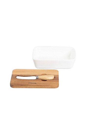 Other Butter dish | MOOKA | porcelain with knife and acacia lid, white | 11x16 cm | 967850