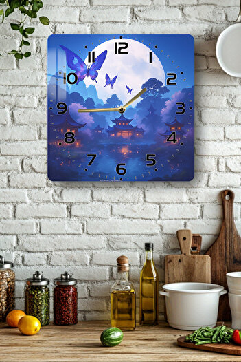 kutuTR Blue Butterfly and Moon Landscape Themed Tempered Glass Square Clock 33X33 cm Size Uv Printing - Kcs026