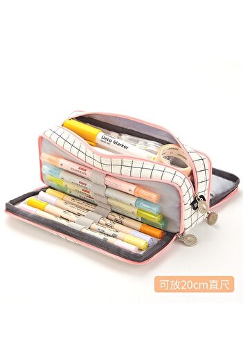 synshop Checkered Large Capacity Oxford Canvas Fabric Multi-Compartment Large Size Pencil Holder Pencil Case