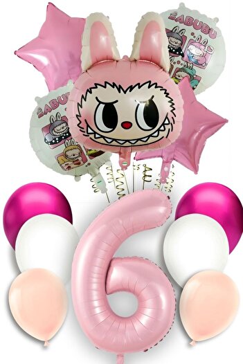 PARTİAVM 6 Year Old Lubabu Themed Birthday Balloon Set Pink Number Flying Balloon Macaron Pink White Balloon