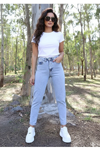 SHEVEGA Chiftele Buz Albastru Kar Yıkama Likra Boyfriend Mom Jeans