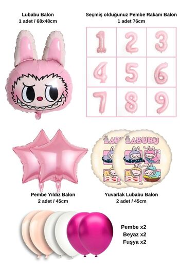 PARTİAVM 4 Year Old Lubabu Themed Birthday Balloon Set Pink Number Flying Balloon Macaron Pink White Balloon