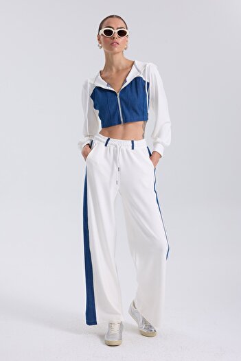 What's Up Whatsup Denim Detailed Hooded Crop Tracksuit Set - Blue-White-Blue-White - XS