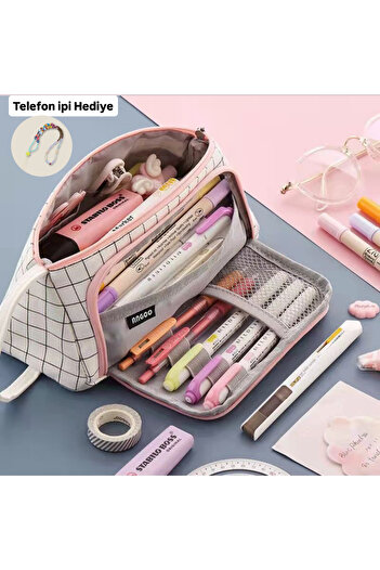 synshop Checkered Large Capacity Oxford Canvas Fabric Multi-Compartment Large Size Pencil Holder Pencil Case