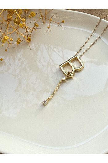 Blotch Far City Popular Dangling Zircon Stone Detailed B Letter Steel Necklace 2 cm
