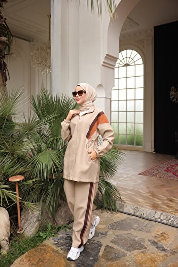 MİMİ Luxury Wear Women's Hijab Tracksuit Set, Top and Bottom Set with Zipper
