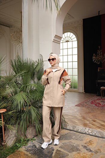 MİMİ Luxury Wear Women's Hijab Tracksuit Set, Top and Bottom Set with Zipper