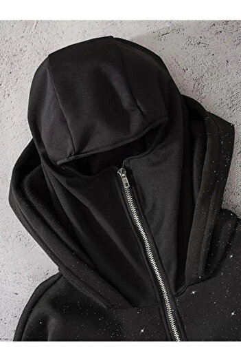 1blood Siyah Taş Parıltılı Kar Maskeli Unisex Kapüşonlu Hırka