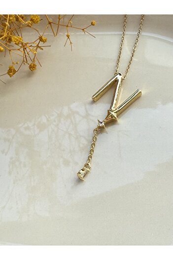 Blotch Far City Popular Dangling Zircon Stone Detailed N Letter Steel Necklace 2 cm