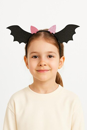 Magu Girl's Cotton Shiny Bat-Wing Halloween Crown – Glittery Pink Ear Detail Hair Accessory