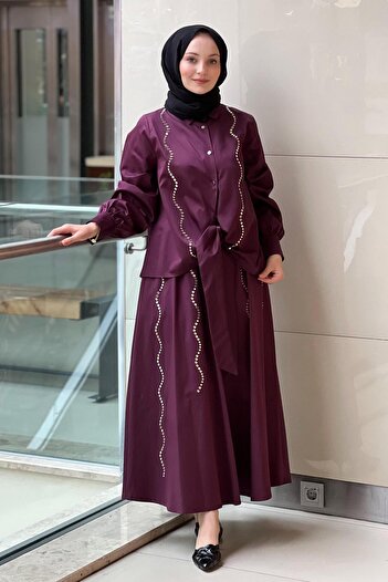Ghisa Buttoned Front Shirt Skirt Set with Staple Detail