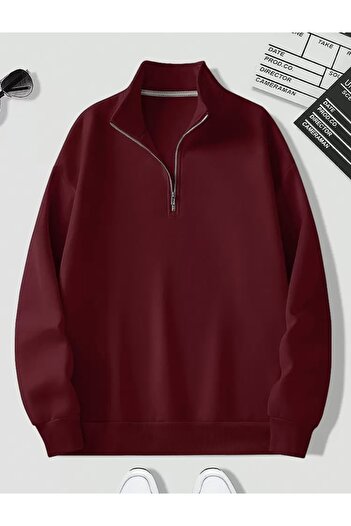 DEZZİİ 2-Piece Black and Burgundy Stand Collar Zippered Sweatshirt