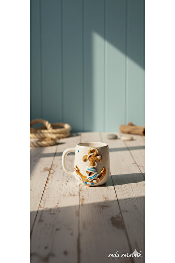 seda seramik Handmade Embossed Sailor Anchor Design Mug Cup 400 ml