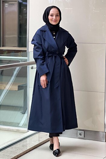 Nurcan Çetin Double-Breasted Collar Trench Coat with Guipure Pattern on the Back