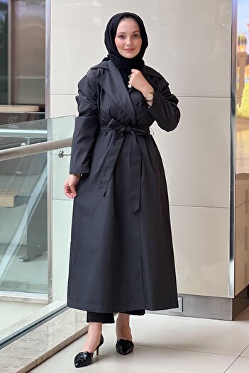 Nurcan Çetin Double-Breasted Collar Trench Coat with Guipure Pattern on the Back