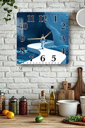kutuTR Blue Journey and Dervish Themed Tempered Glass Square Clock 33X33 cm Size Uv Printing - Kcs048