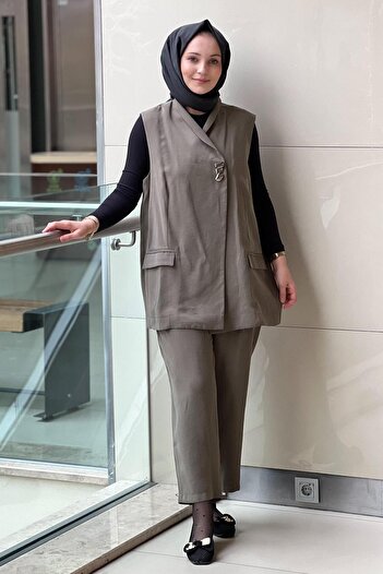 Mahal Crochet Knitwear Single Button Vest Trouser Set