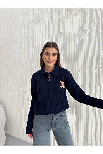 Hazinedan Women's Teddy Bear Embroidered Hair Braided Buttoned Knitwear Sweater