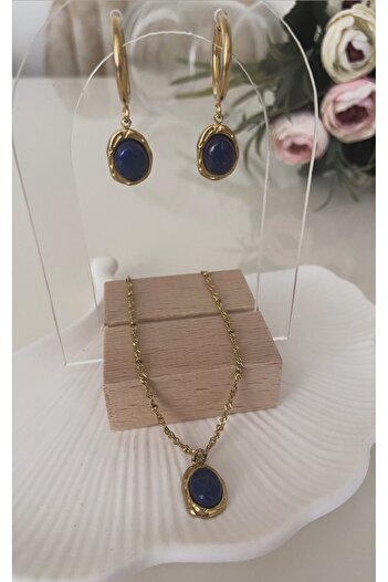 TARZ-I TAKI Steel Vintage Design Triple Lapis Stone Necklace & Earring Set