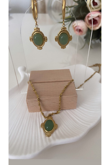 TARZ-I TAKI Women's Vintage Design Green Agate Stone Necklace & Earring Set