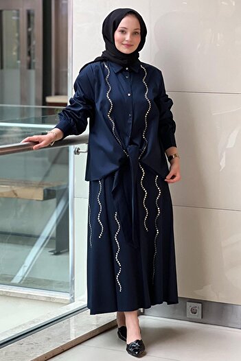 Ghisa Buttoned Front Shirt Skirt Set with Staple Detail
