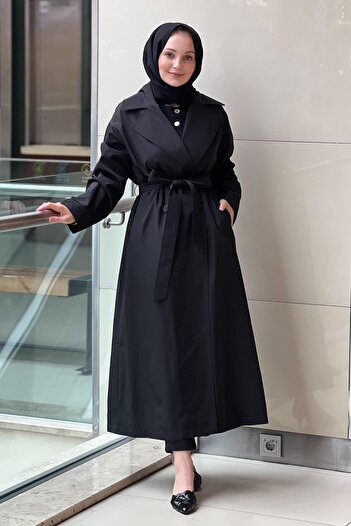 Nurcan Çetin Double-Breasted Collar Trench Coat with Guipure Pattern on the Back