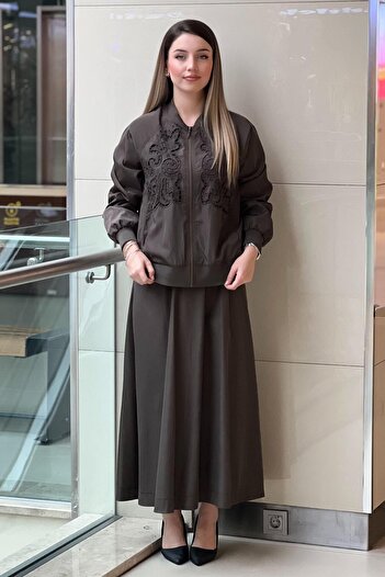 Nurcan Çetin Guipure Detailed Bomber Jacket Skirt Set