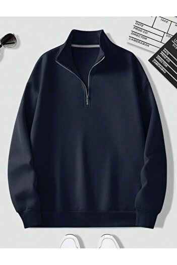 DEZZİİ 2-Piece Black and Navy Blue Stand Collar Zippered Sweatshirt