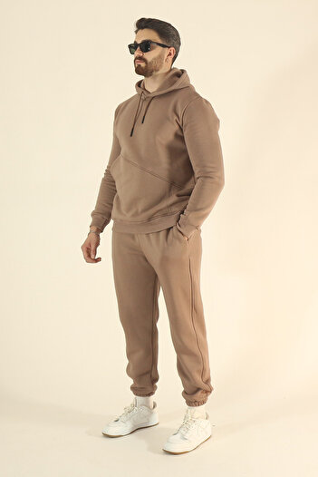 EydaMoon Men's Winter Fleece-Lined Puff Fabric Hooded 3-Thread Side Pocket Tracksuit Set