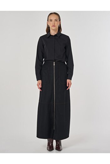 Kayra Zipper Closure Wool Skirt Black