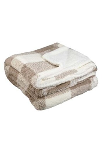 SHOPIENS Beige Brown Checkered Sherpa Double-Sided Blanket 220 x 200 cm