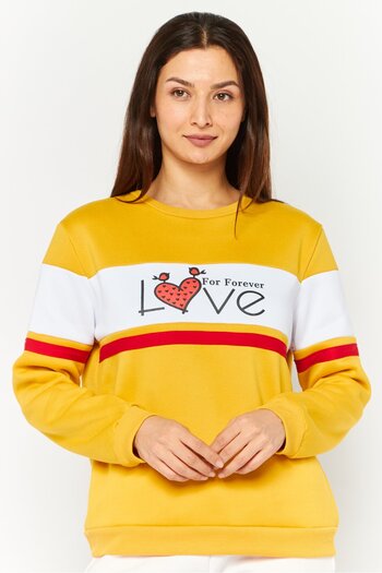 Buzz Women Crew Neck Long Sleeve Graphic Print Sweatshirts, Yellow/ White/ Red