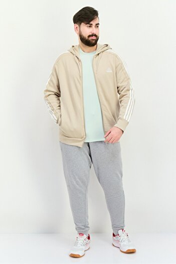 adidas Men Sportswear Fit Long Sleeve 3 Stripe Full Zip Outdoor Sweatshirt, Taupe/White