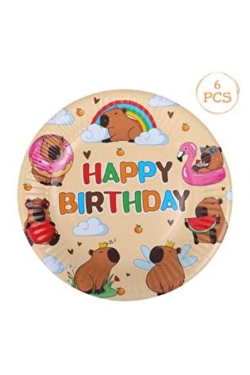 SHOPIENS Party Plates Beige Cardboard with Capybara Cloud & Hearts Design 18 cm - 6 pcs