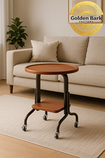 Golden Bark Modern 2-Shelf Side Table - Wooden Coffee Table with Metal Frame and Wheels