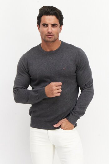 Tommy Hilfiger Men Round Neck Long Sleeves Embroidered Logo Sweater, Grey