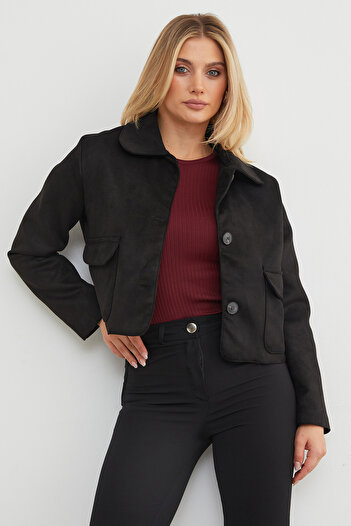 Fulla Moda Double Pocket Suede Polo Neck Crop Jacket