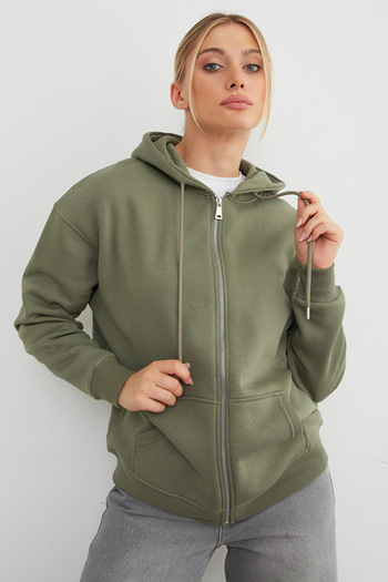 Fulla Moda 3 Thread Basic Zippered Hooded Oversize Sweatshirt
