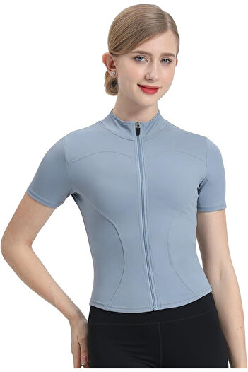OEM Sports blouse, short sleeves, zip-up neck, blue S