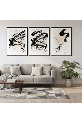 Linacci Set of 3 Black Metal Framed Abstract Art Glass Paintings