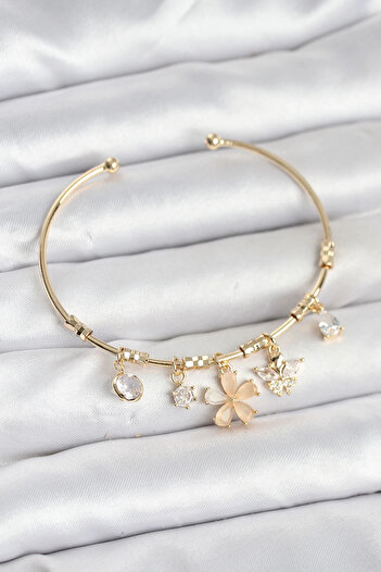 Clariss Gold Color Brass Women's Bracelet with Flower and Butterfly Charms